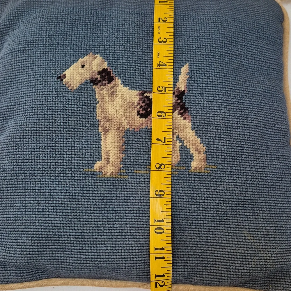 Vintage Airedale Terroir Dog Blue Needlepoint Pillow with Tassels Antique - Picture 3 of 6